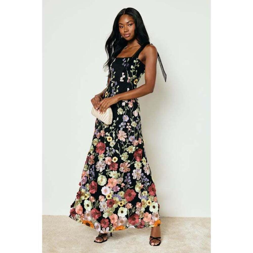Lulus Thriving Poise Black 3d Floral Embroidered Tie-strap Maxi Dress - Size XL